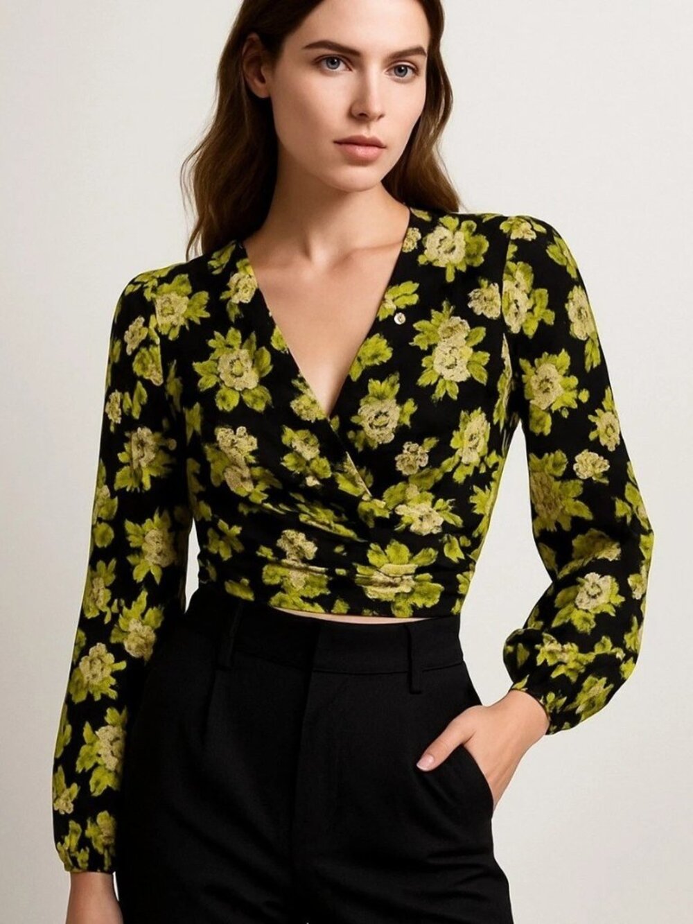 Elegant Mango long sleeve gathered cross front blouse Greens black Sz XL EUC